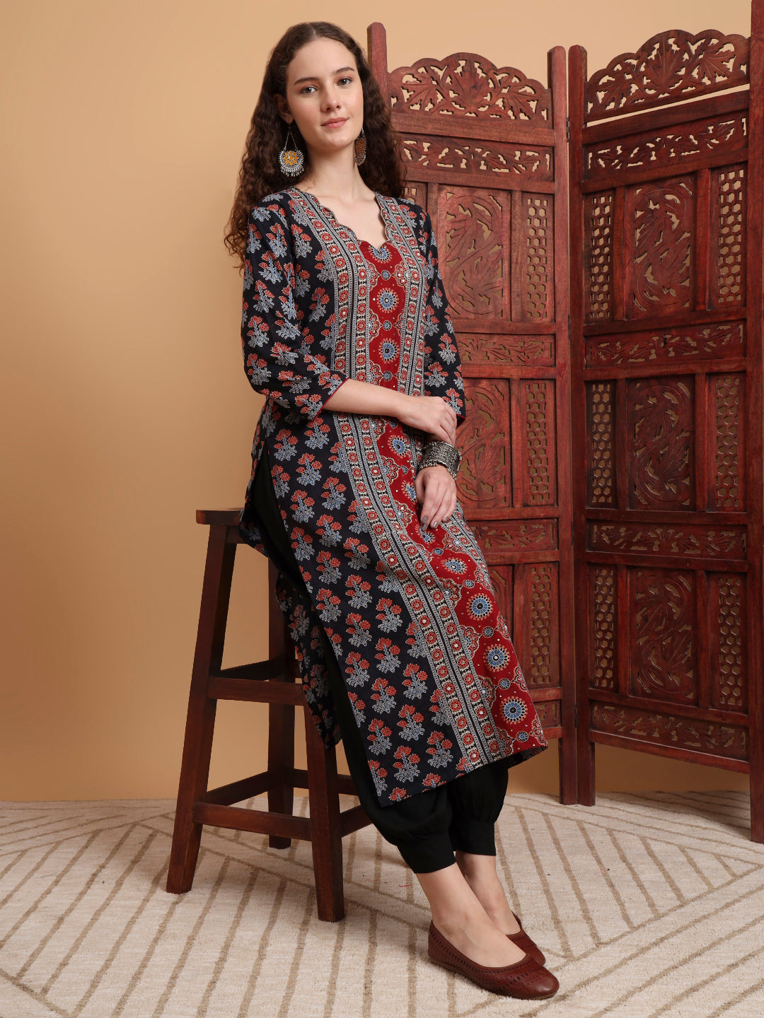 Women's Hand Block Ajrak Print Zardosi Embroidery