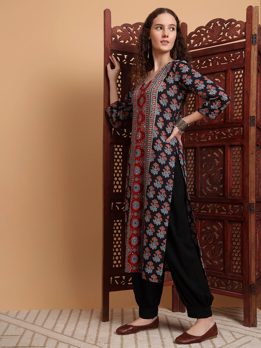 Women's Hand Block Ajrak Print Zardosi Embroidery