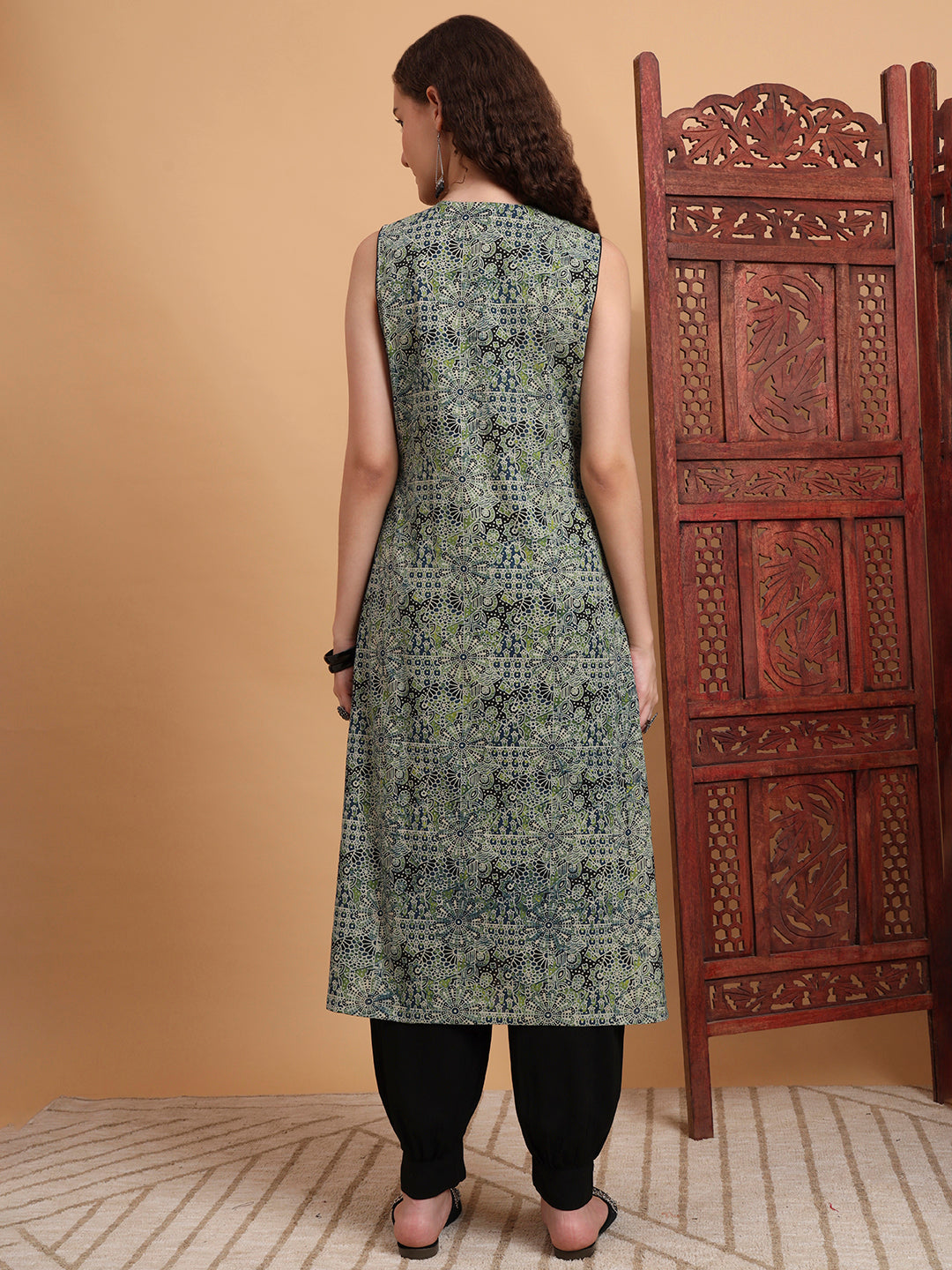Women's Hand Block Print Green Color Kurta