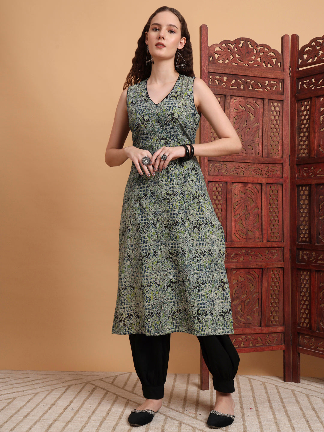 Women's Hand Block Print Green Color Kurta