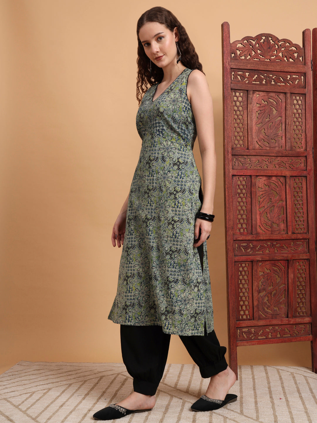 Women's Hand Block Print Green Color Kurta