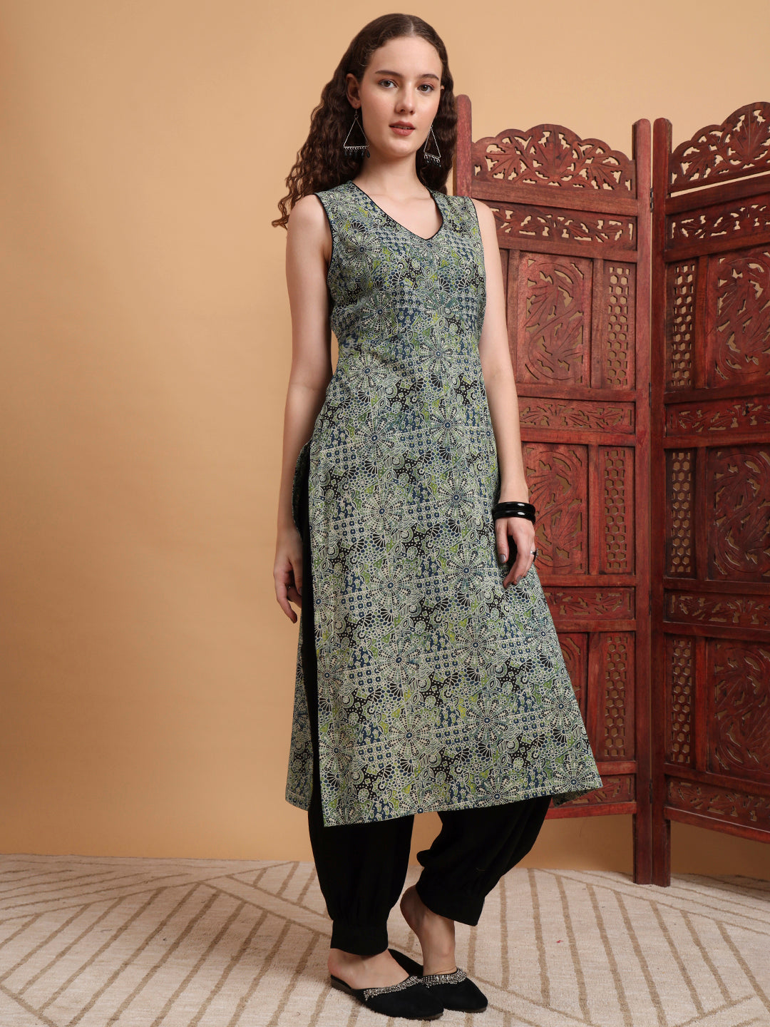 Women's Hand Block Print Green Color Kurta