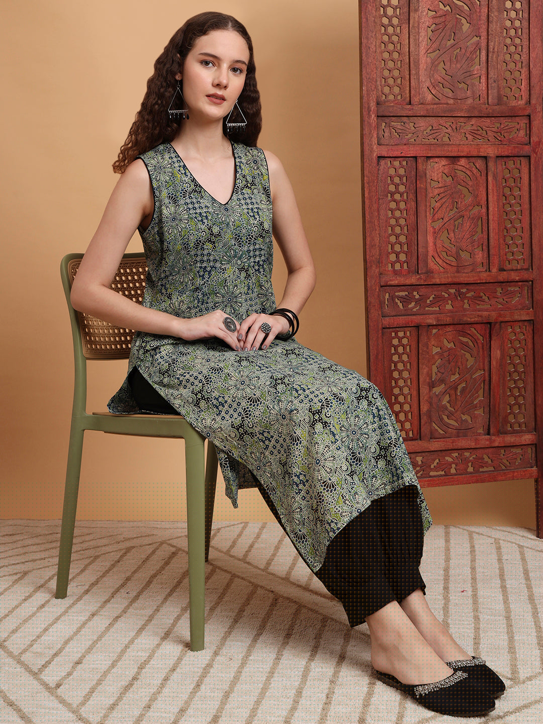 Women's Hand Block Print Green Color Kurta