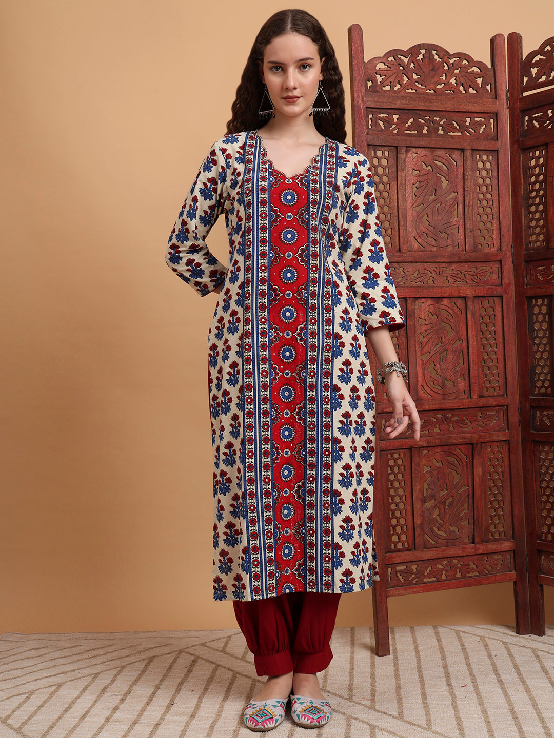 Women's Hand Block Ajrak Prints Zardosi Embroidery Kurta
