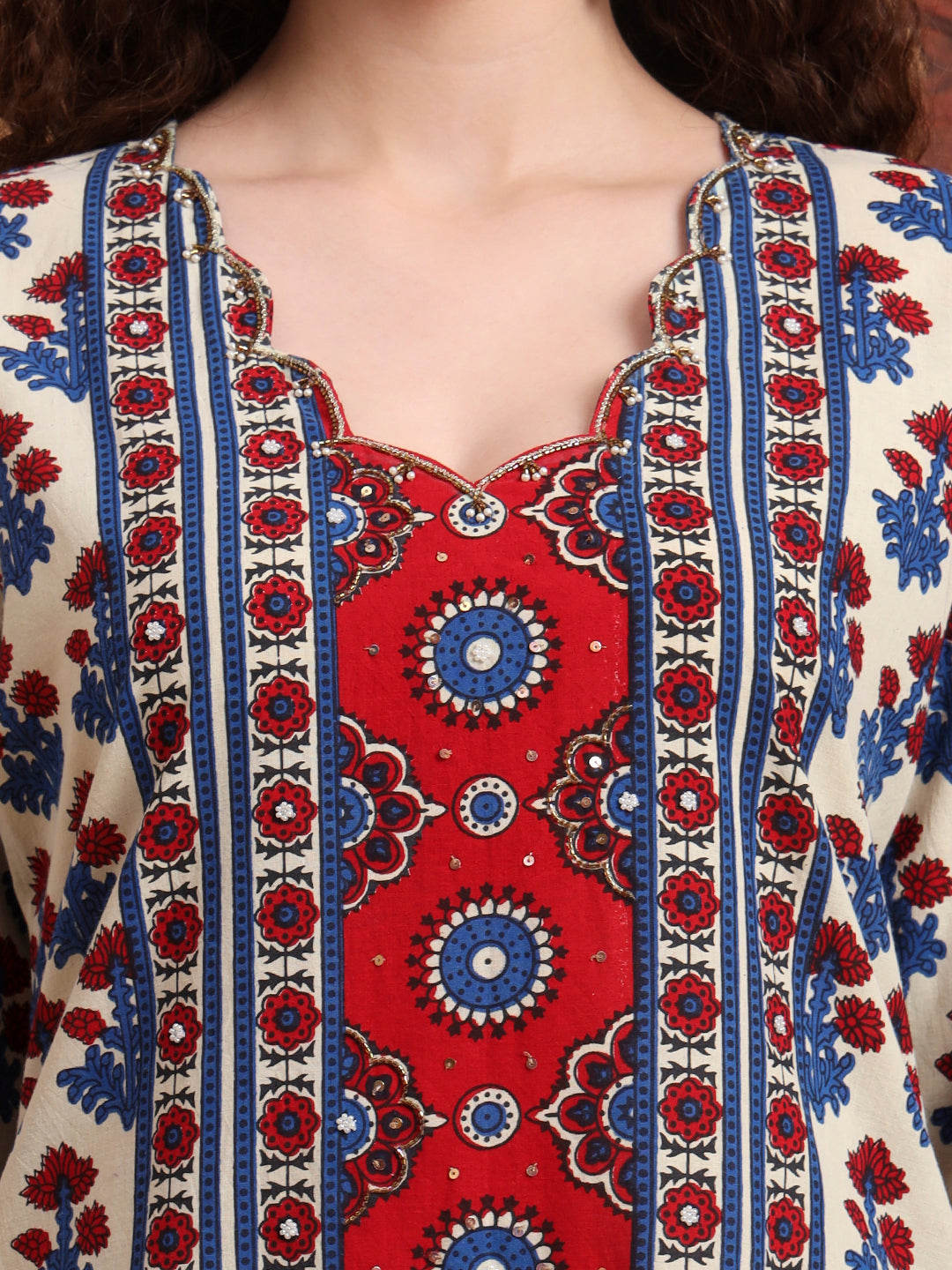 Women's Hand Block Ajrak Prints Zardosi Embroidery Kurta