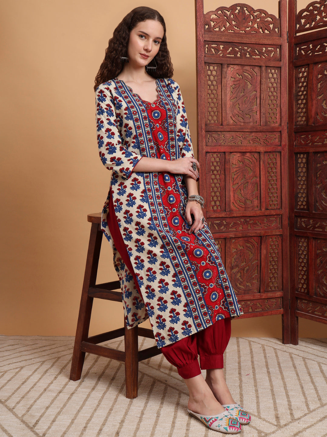 Women's Hand Block Ajrak Prints Zardosi Embroidery Kurta