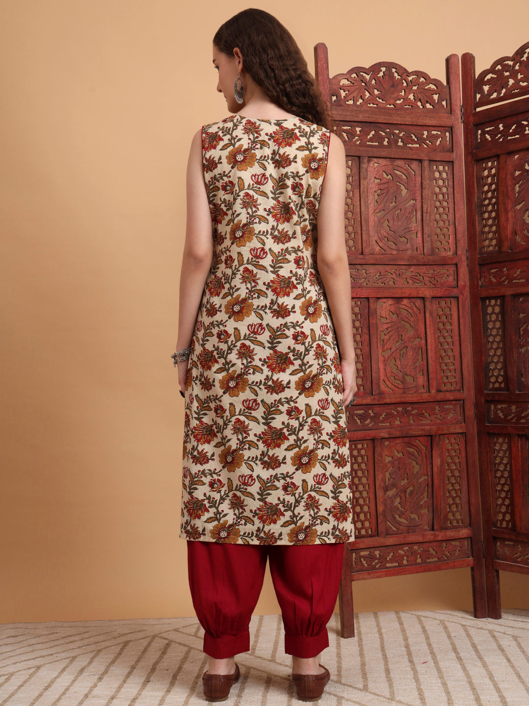 Women's Hand Block Cream Color Kurta