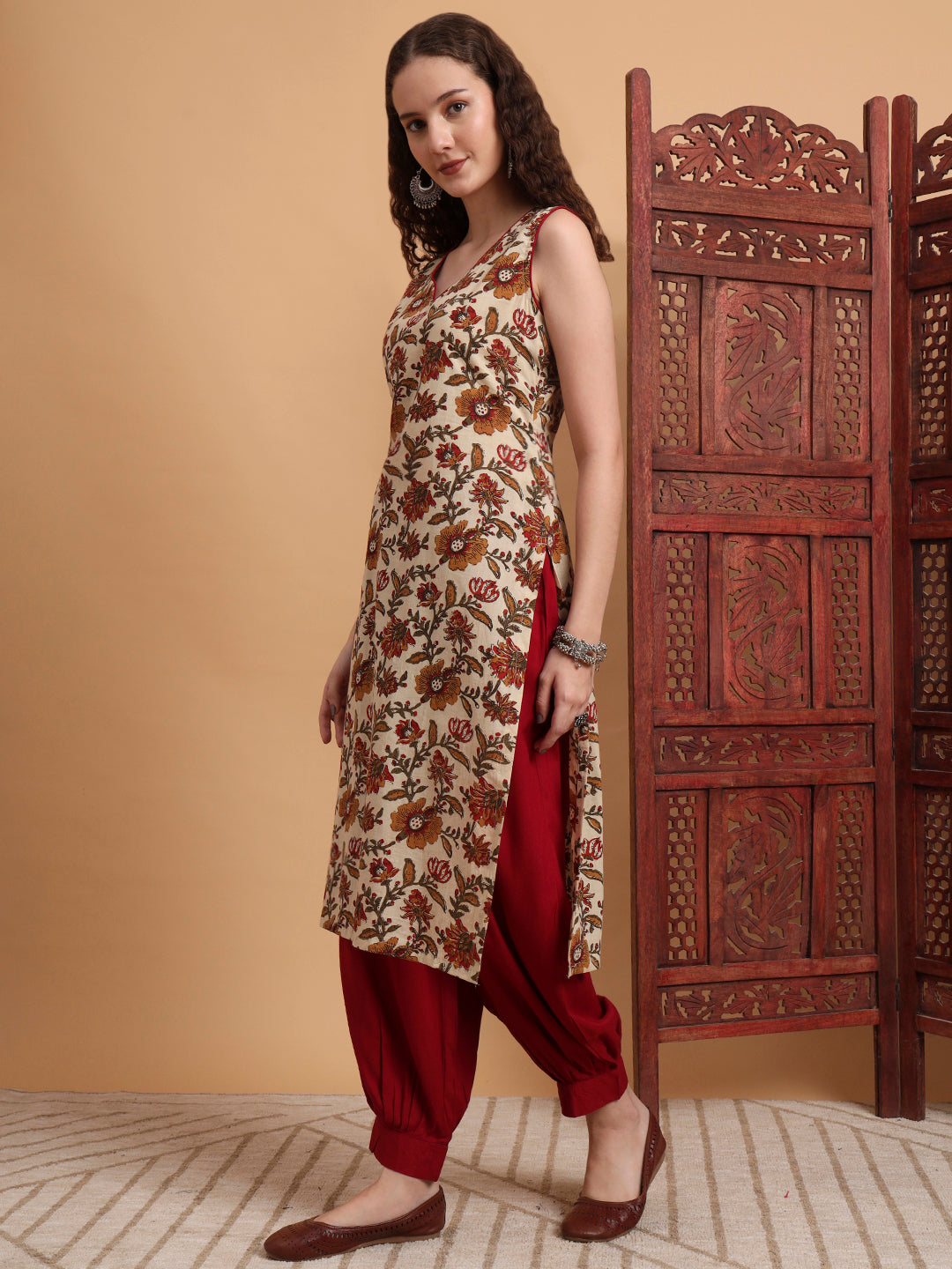 Women's Hand Block Cream Color Kurta
