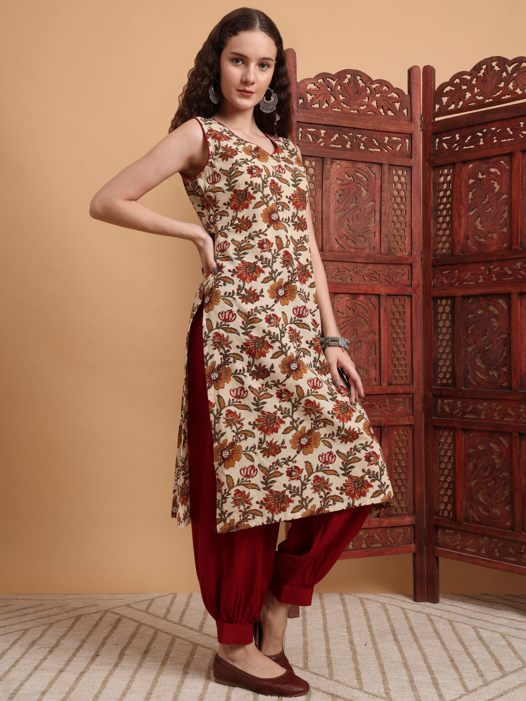 Women's Hand Block Cream Color Kurta