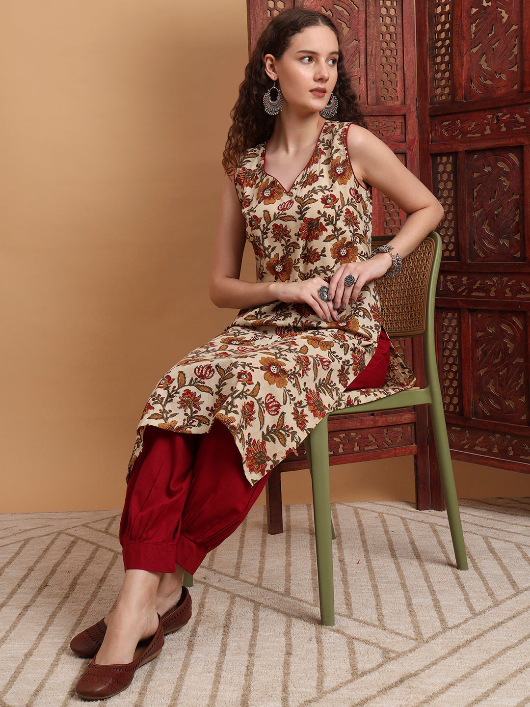 Women's Hand Block Cream Color Kurta
