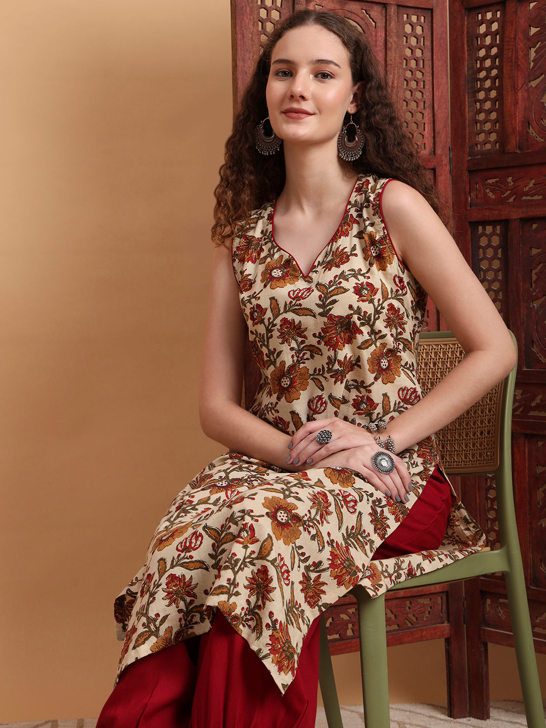 Women's Hand Block Cream Color Kurta