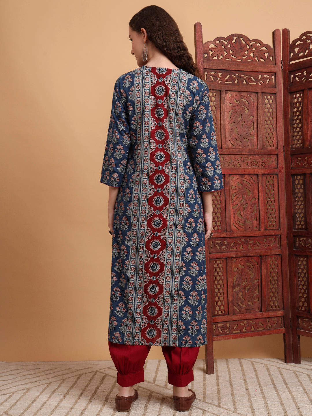 Women's Hand Block Ajrak Print Zardosi Embroidery