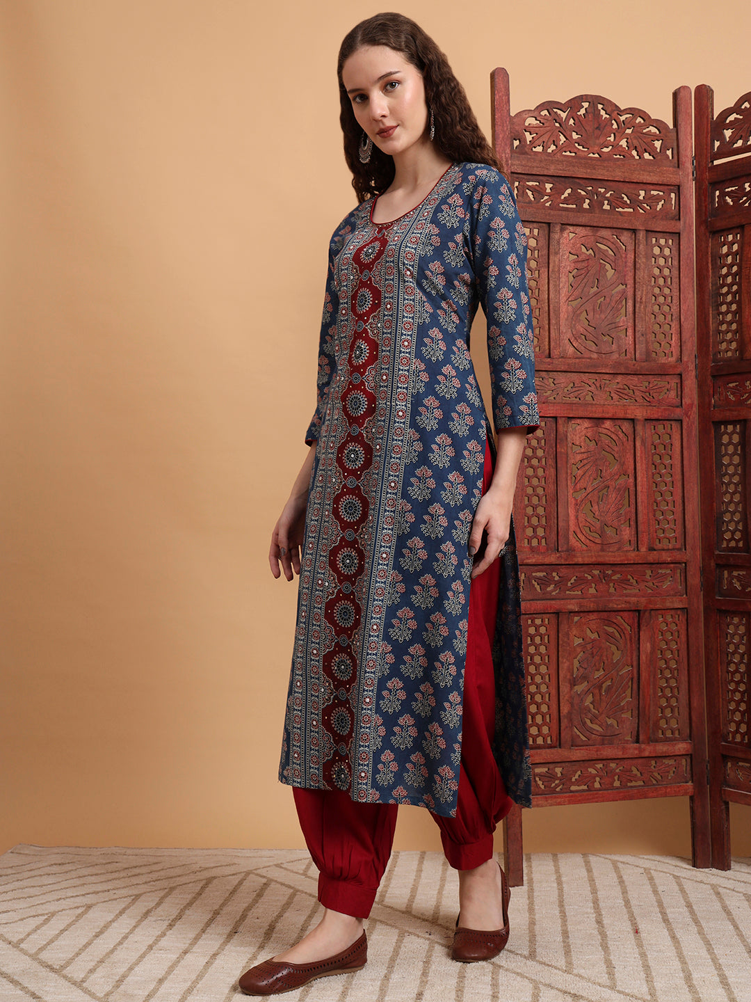 Women's Hand Block Ajrak Print Zardosi Embroidery