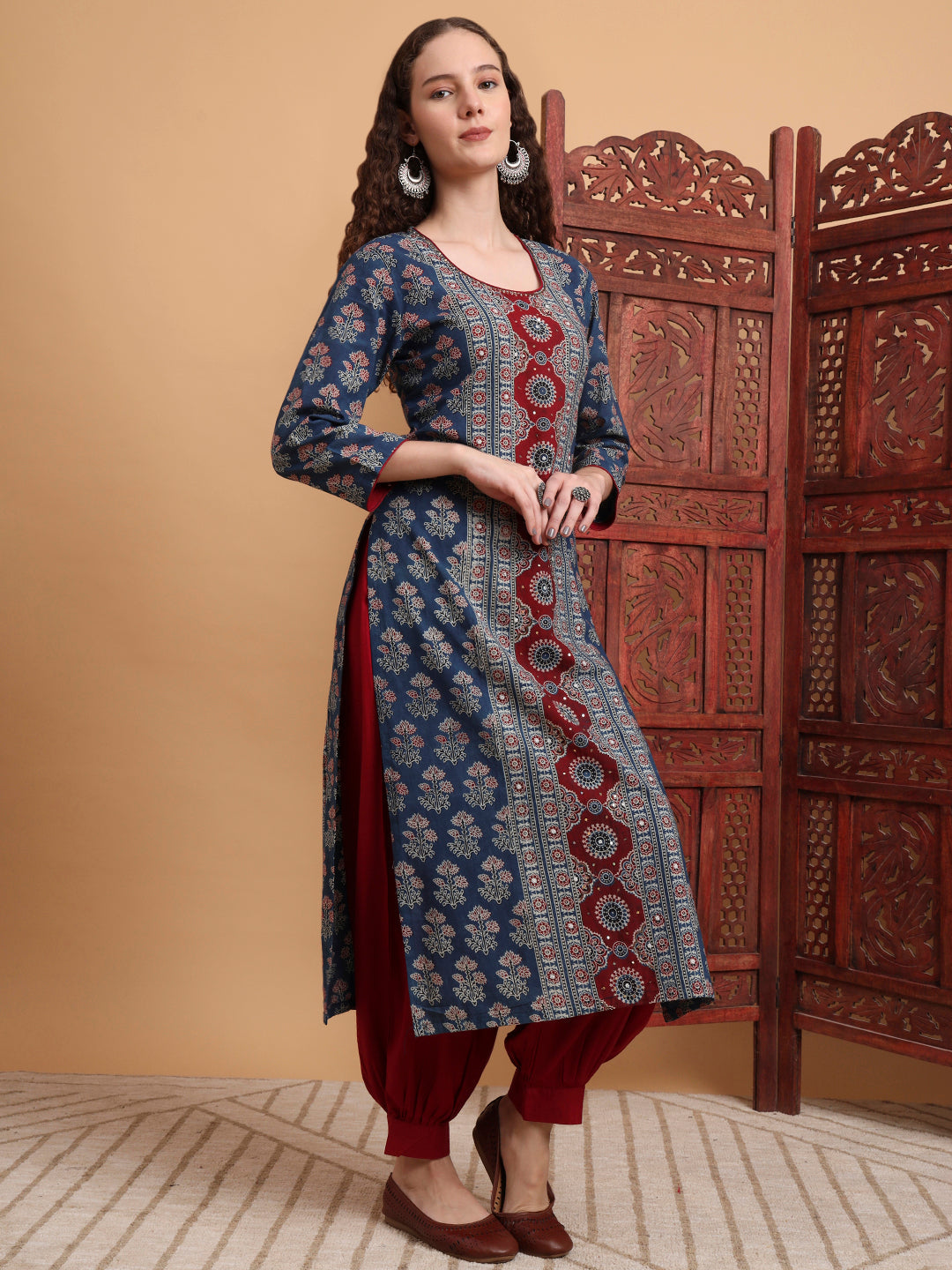 Women's Hand Block Ajrak Print Zardosi Embroidery