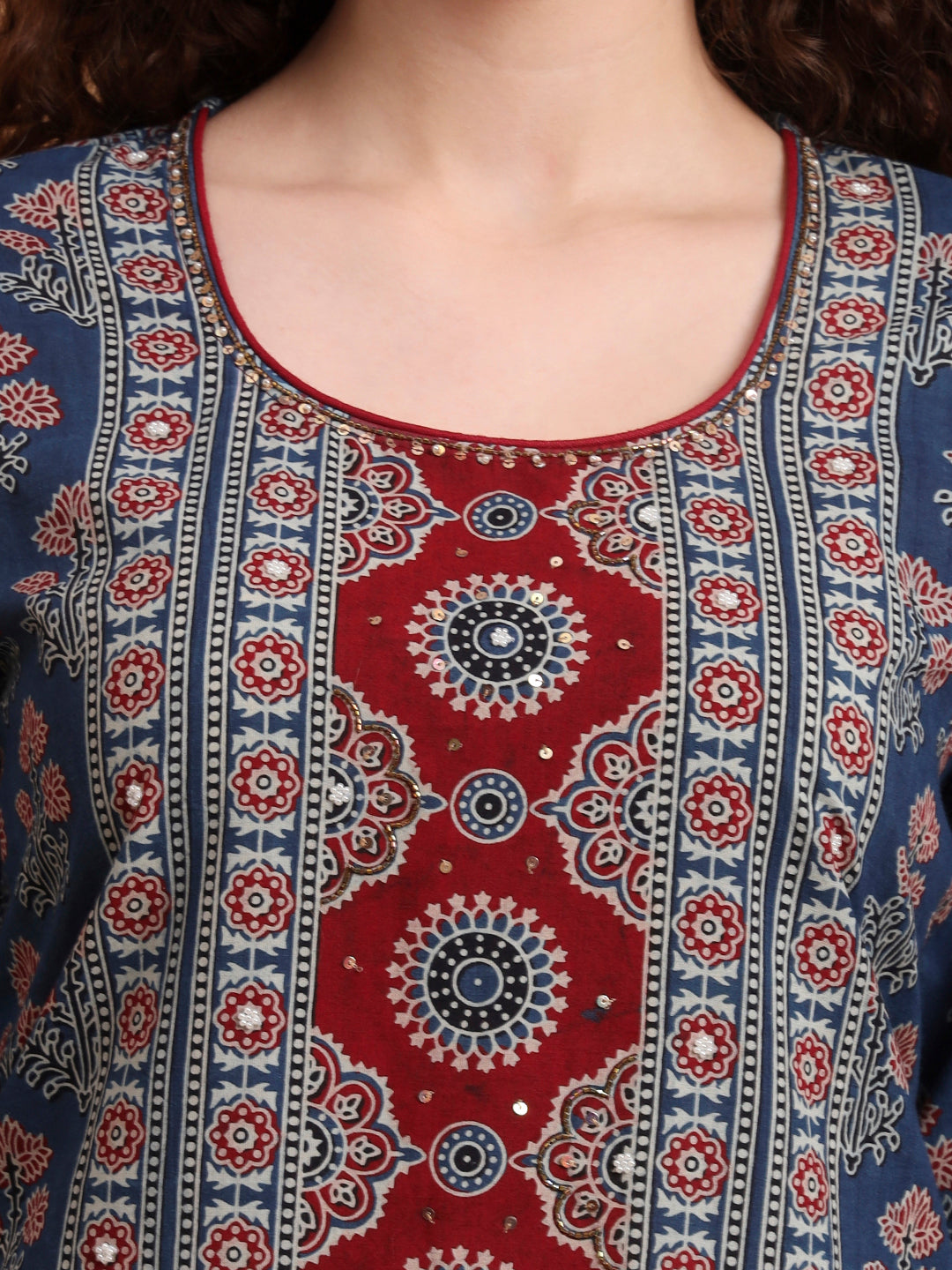 Women's Hand Block Ajrak Print Zardosi Embroidery