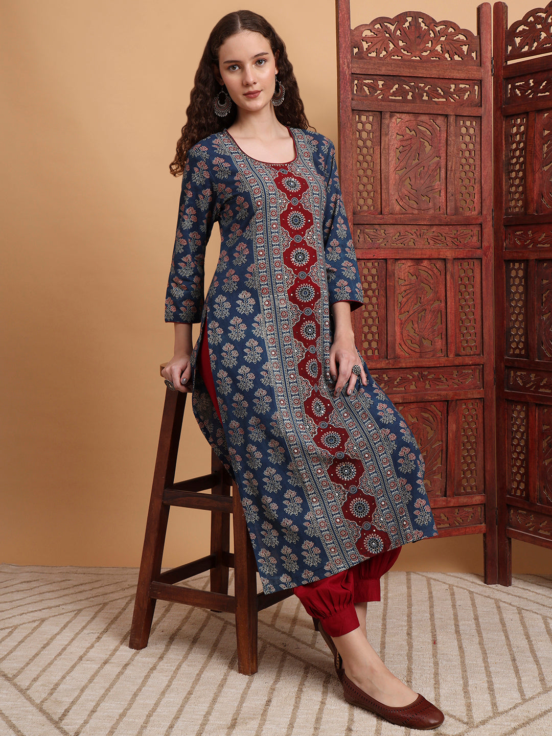 Women's Hand Block Ajrak Print Zardosi Embroidery