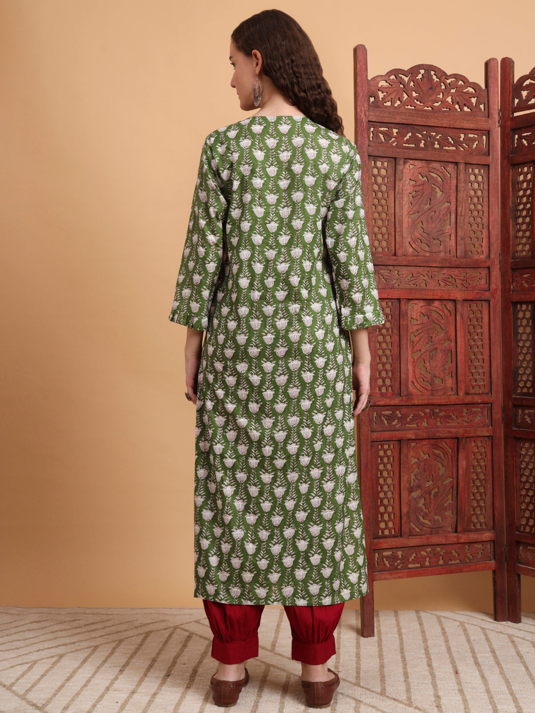 Women's Hand Block Print Green Color Kurta