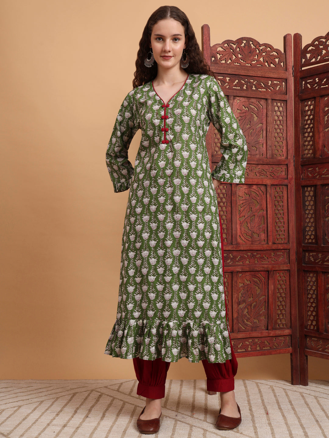 Women's Hand Block Print Green Color Kurta