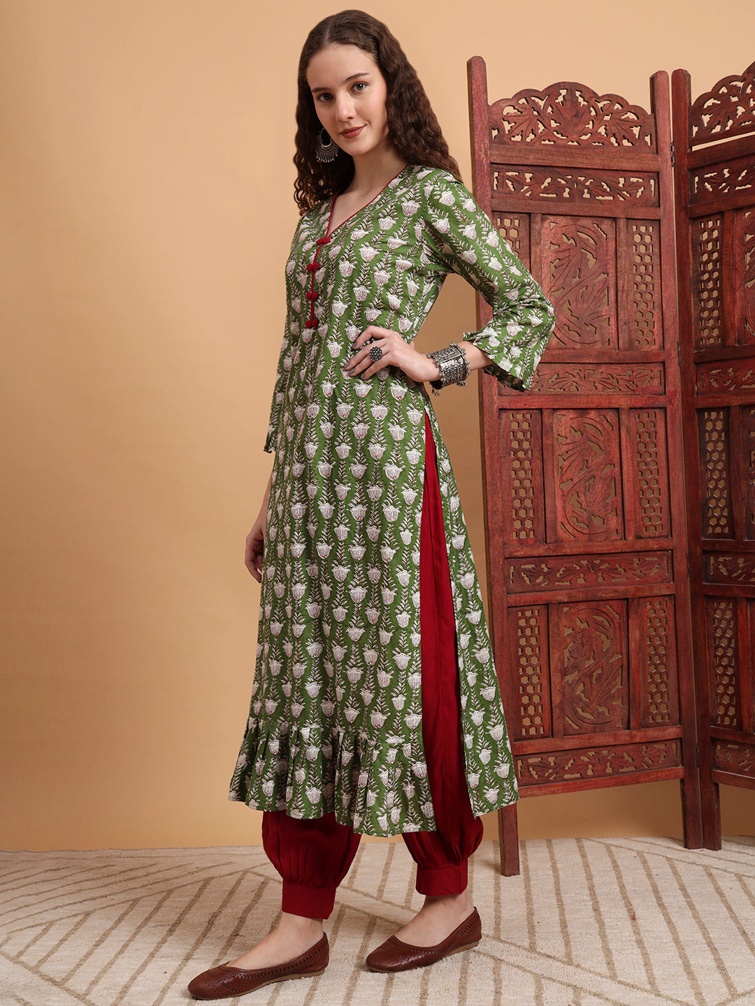 Women's Hand Block Print Green Color Kurta