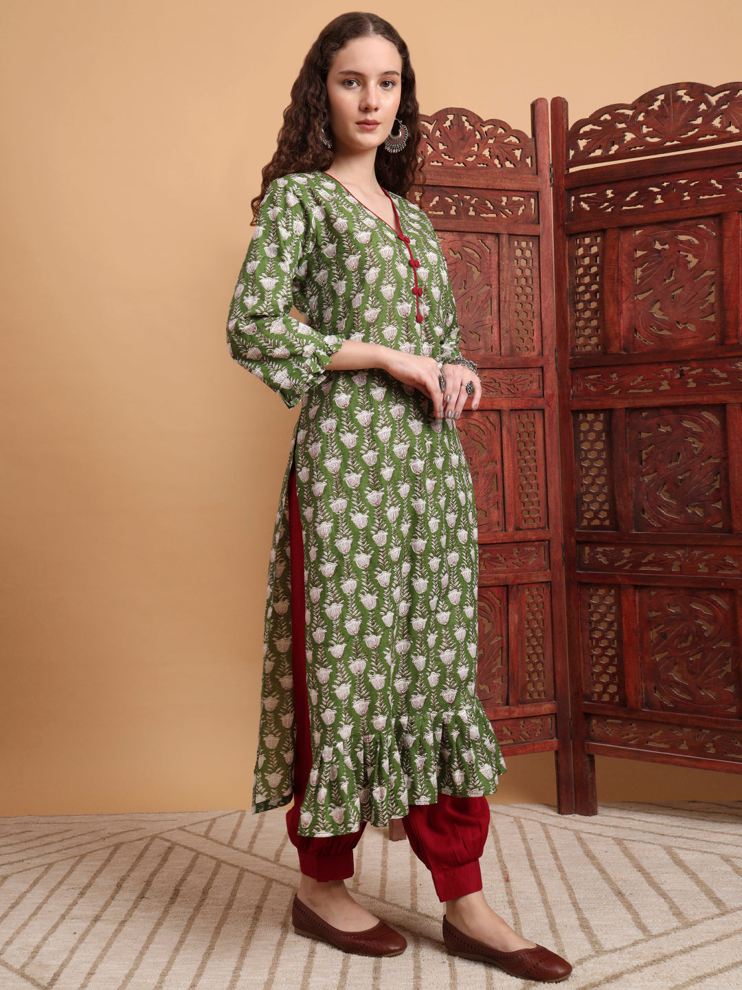 Women's Hand Block Print Green Color Kurta