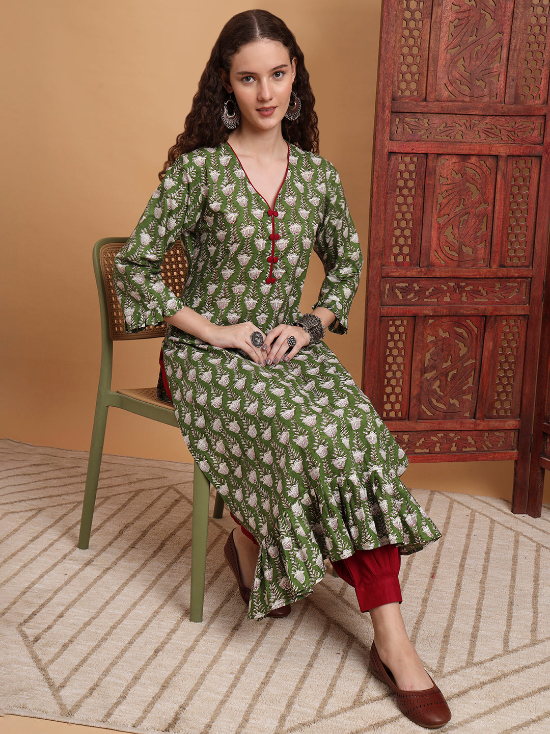 Women's Hand Block Print Green Color Kurta