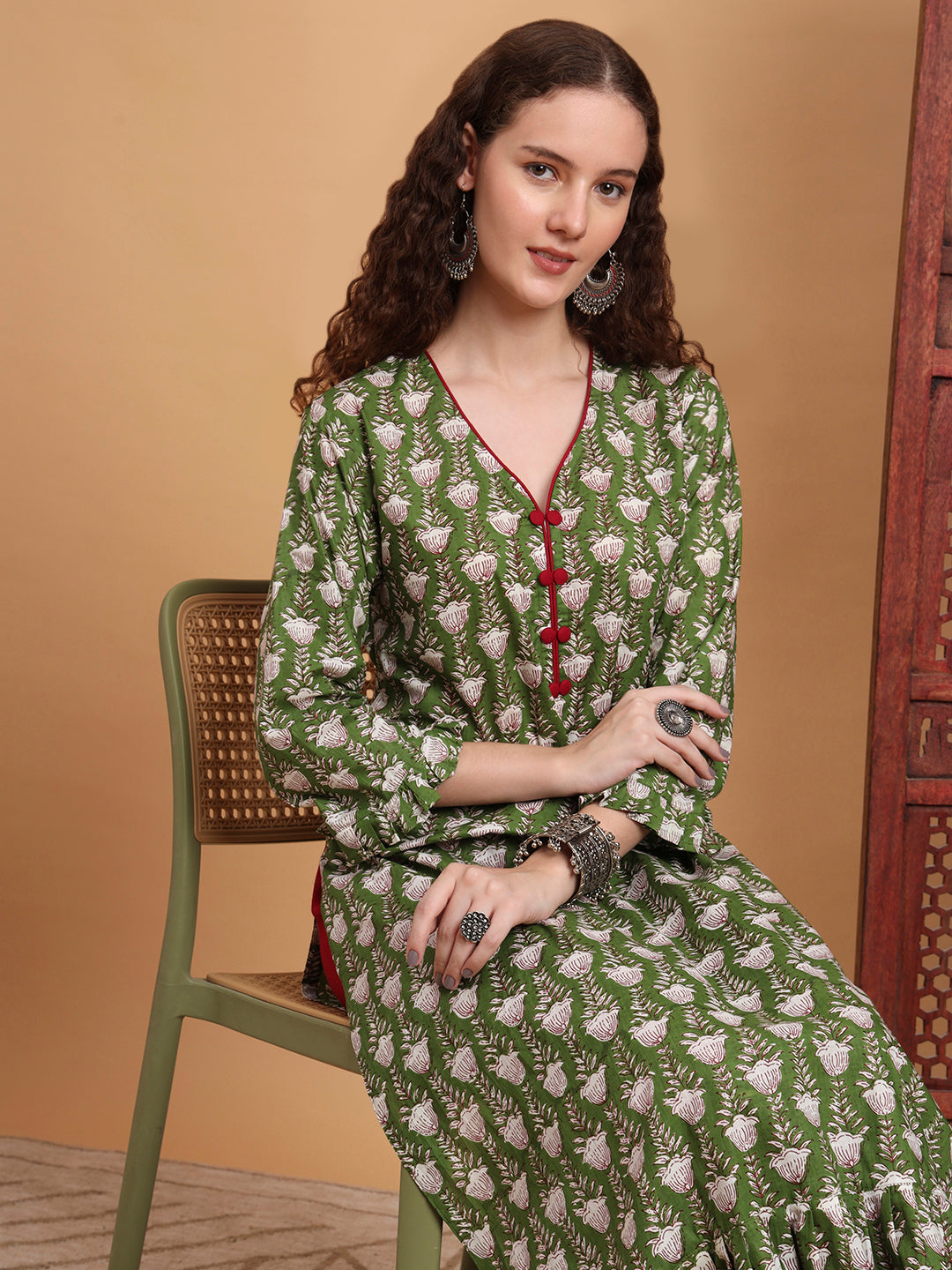 Women's Hand Block Print Green Color Kurta
