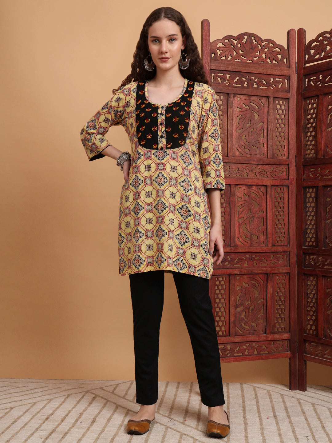 Women's Hand Block Ajrak Print Yellow Chikankari Kurta