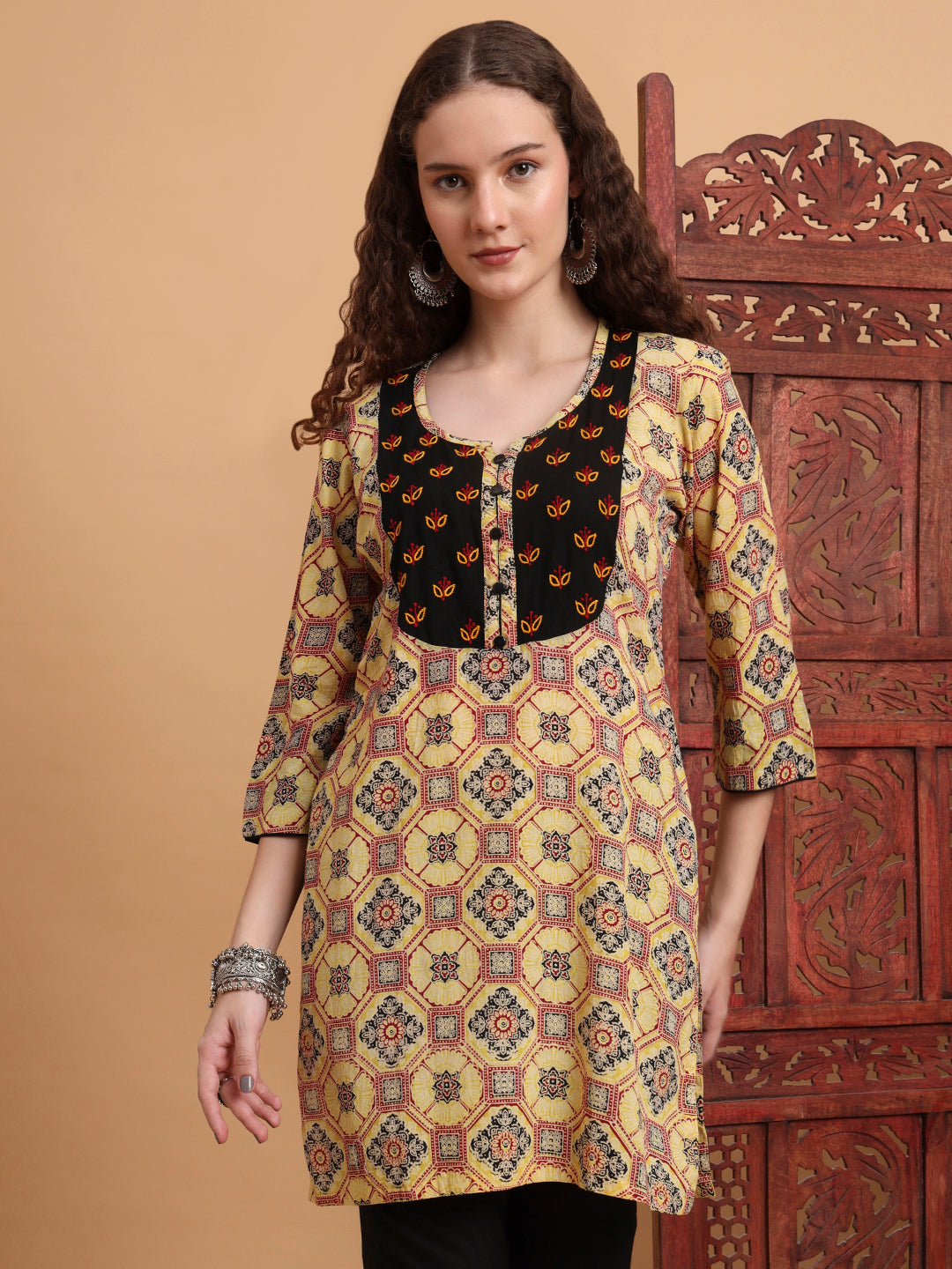 Women's Hand Block Ajrak Print Yellow Chikankari Kurta