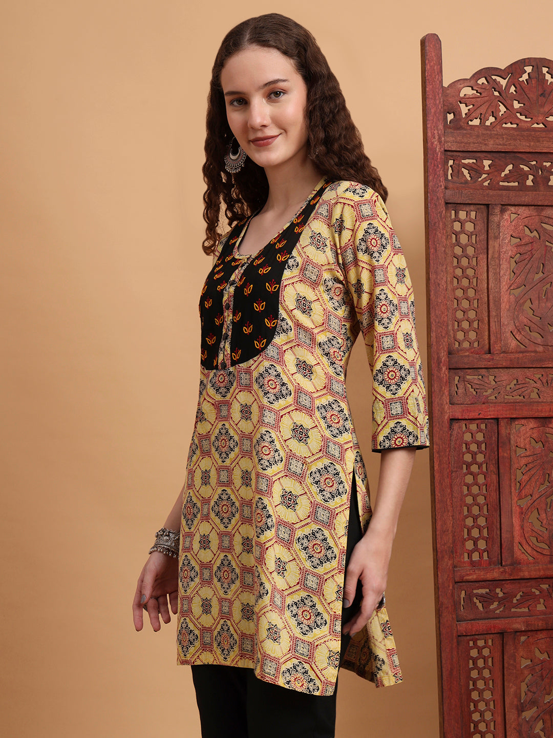 Women's Hand Block Ajrak Print Yellow Chikankari Kurta