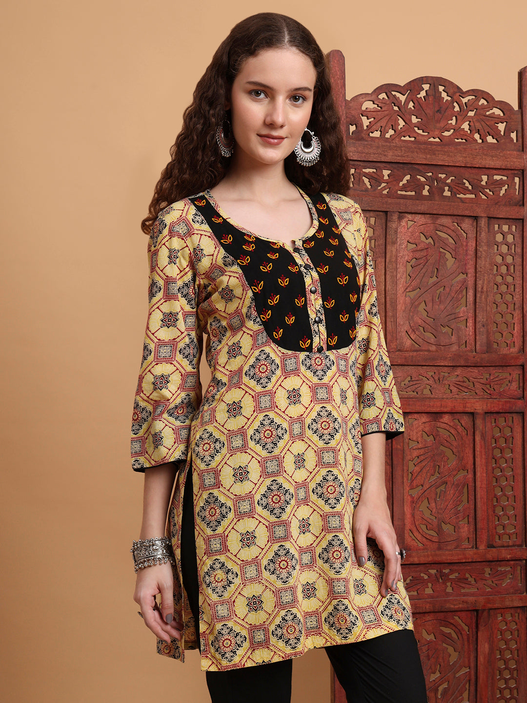 Women's Hand Block Ajrak Print Yellow Chikankari Kurta
