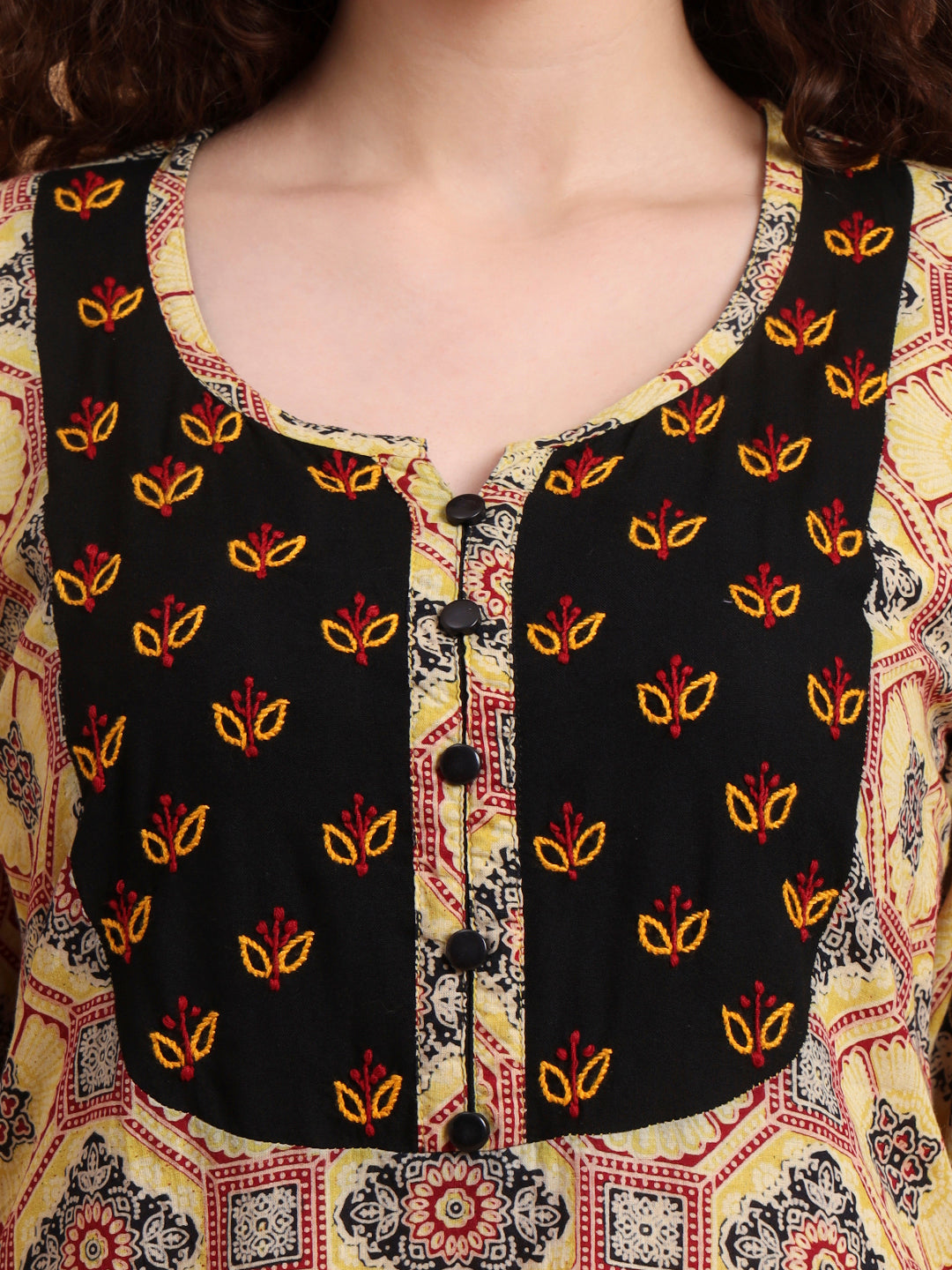 Women's Hand Block Ajrak Print Yellow Chikankari Kurta