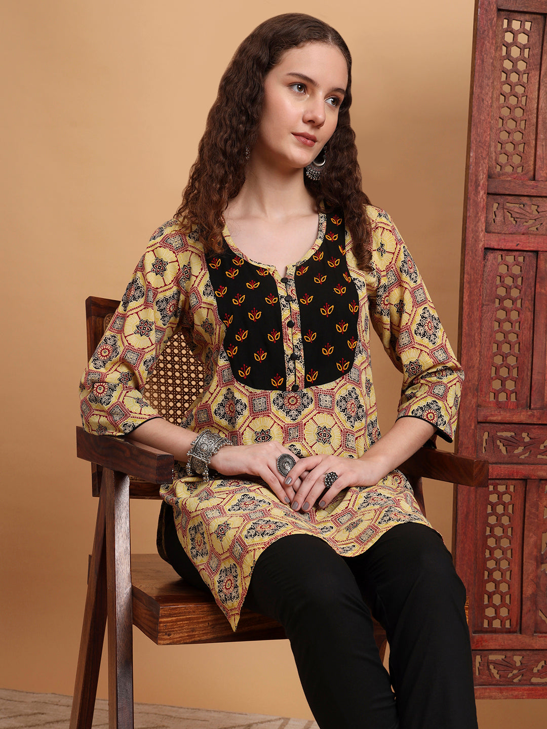 Women's Hand Block Ajrak Print Yellow Chikankari Kurta