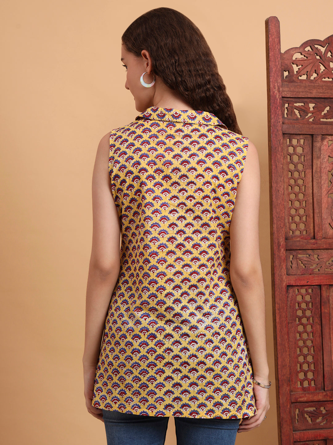 Women's Hand Block Print Yellow Color Shirt Style Kurti