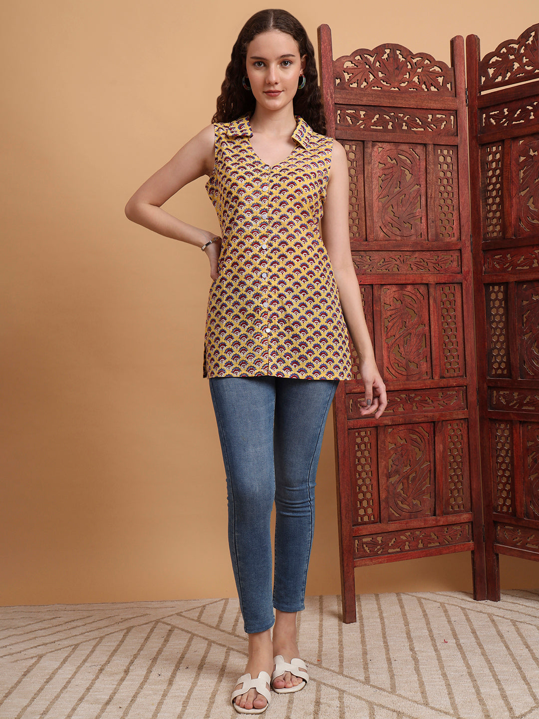 Women's Hand Block Print Yellow Color Shirt Style Kurti