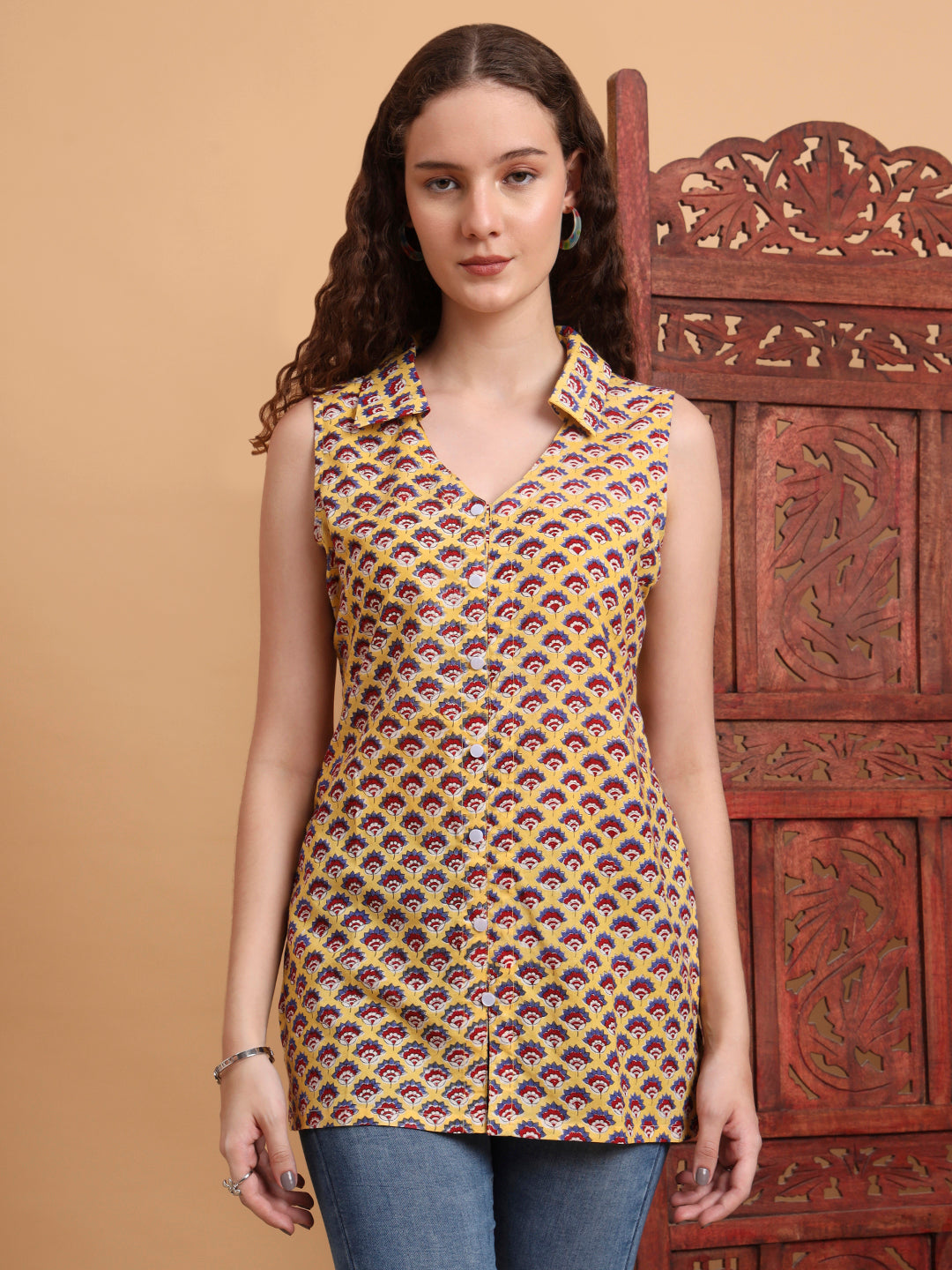 Women's Hand Block Print Yellow Color Shirt Style Kurti