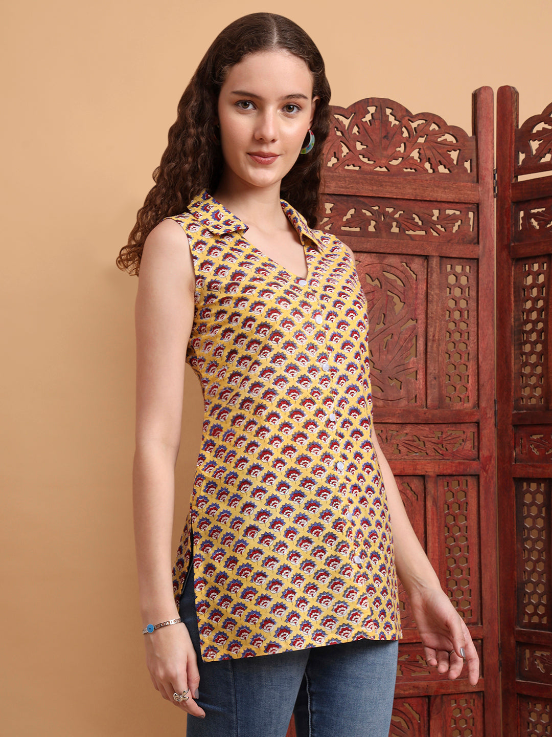 Women's Hand Block Print Yellow Color Shirt Style Kurti