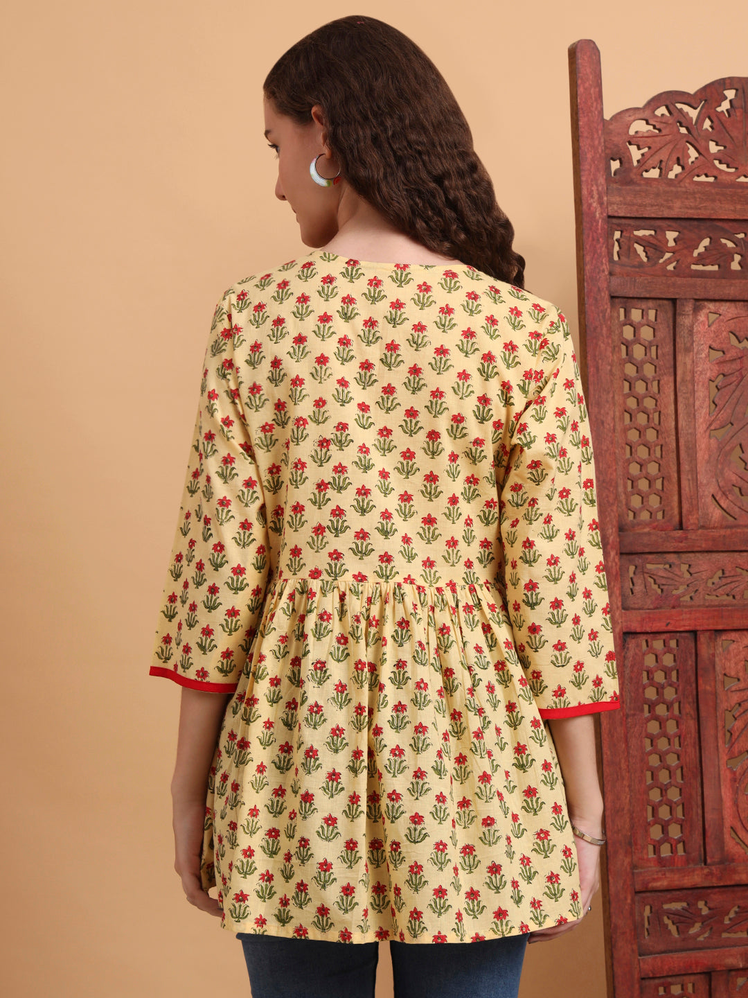 Women's Hand Block Print Yellow Peplum Kurti