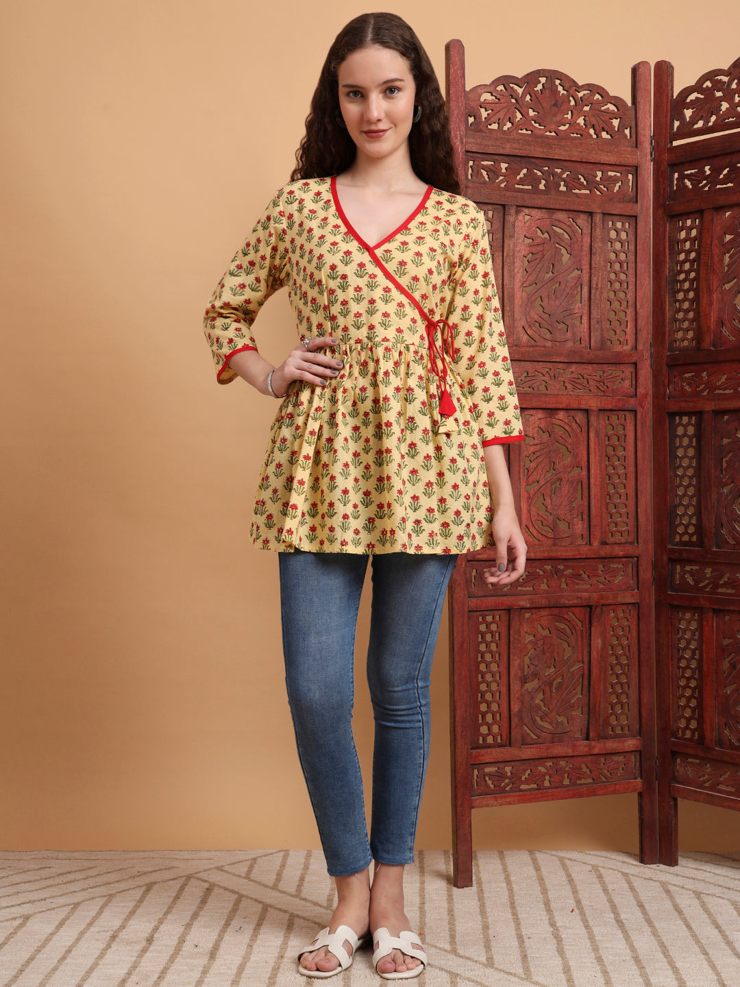 Women's Hand Block Print Yellow Peplum Kurti