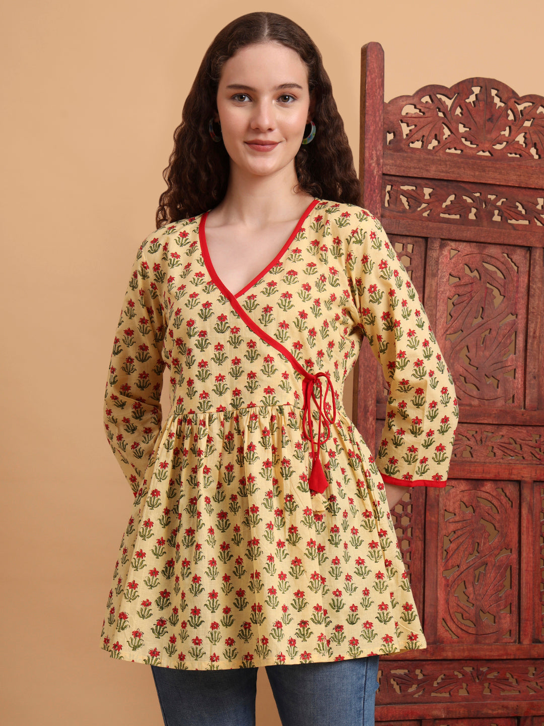 Women's Hand Block Print Yellow Peplum Kurti