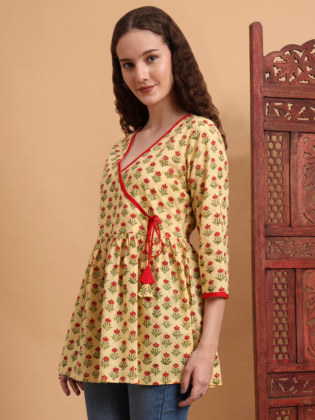 Women's Hand Block Print Yellow Peplum Kurti