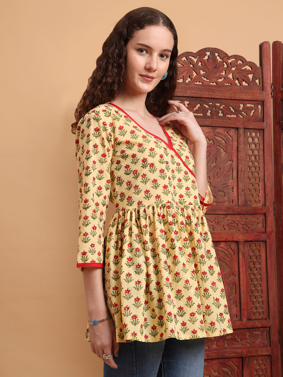 Women's Hand Block Print Yellow Peplum Kurti