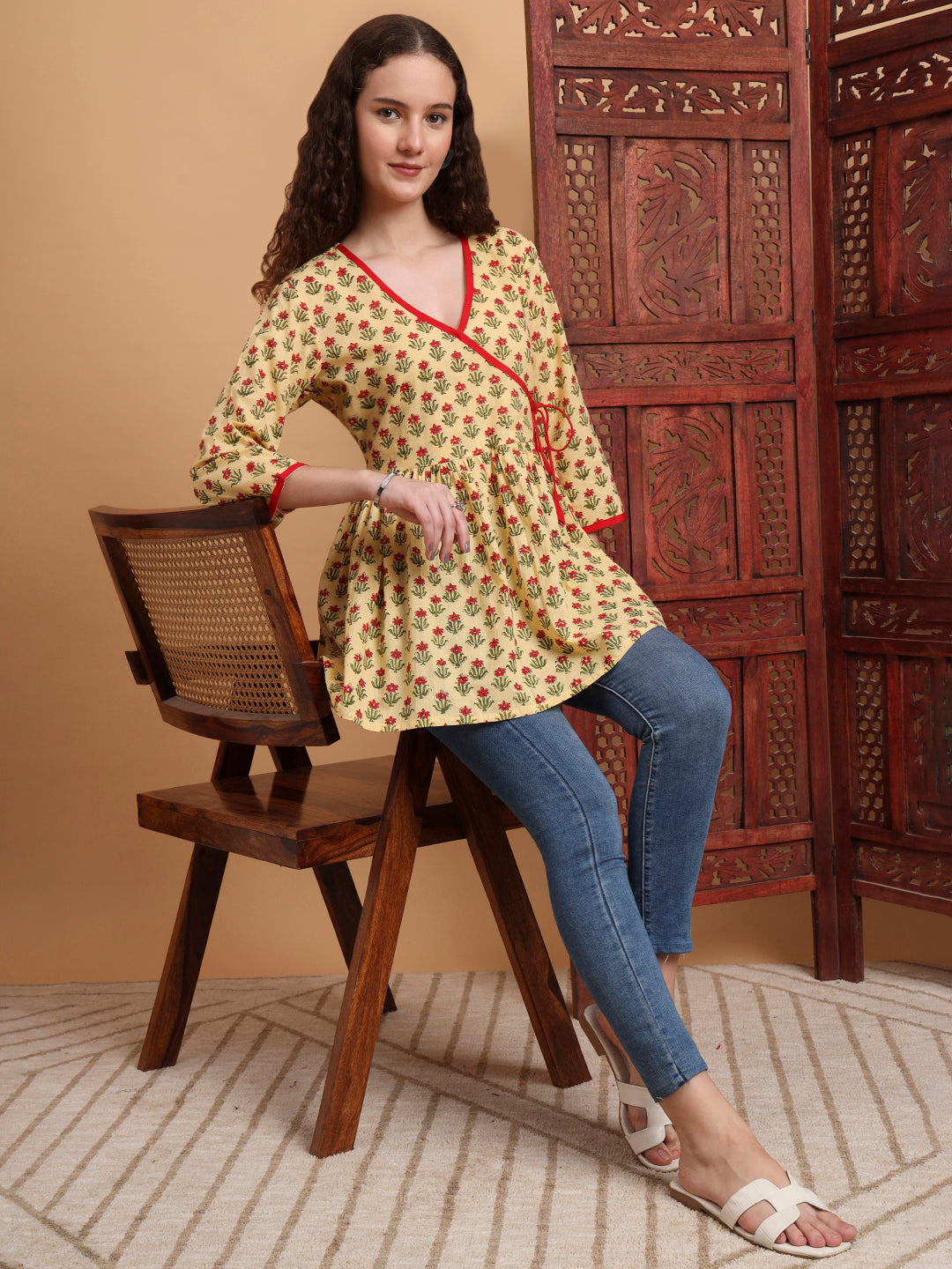 Women's Hand Block Print Yellow Peplum Kurti
