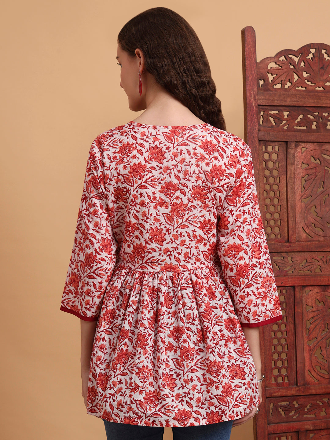 Women's Hand Block Print White Printed Peplum Kurti