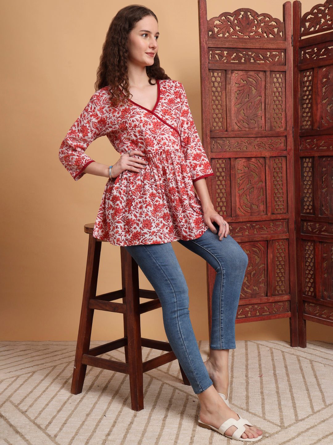 Women's Hand Block Print White Printed Peplum Kurti