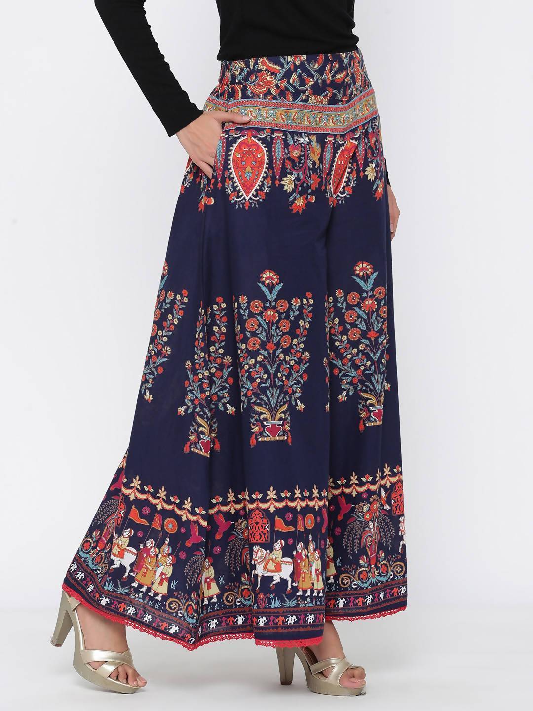 Women's Mustard Cotton Printed Flared Palazzo