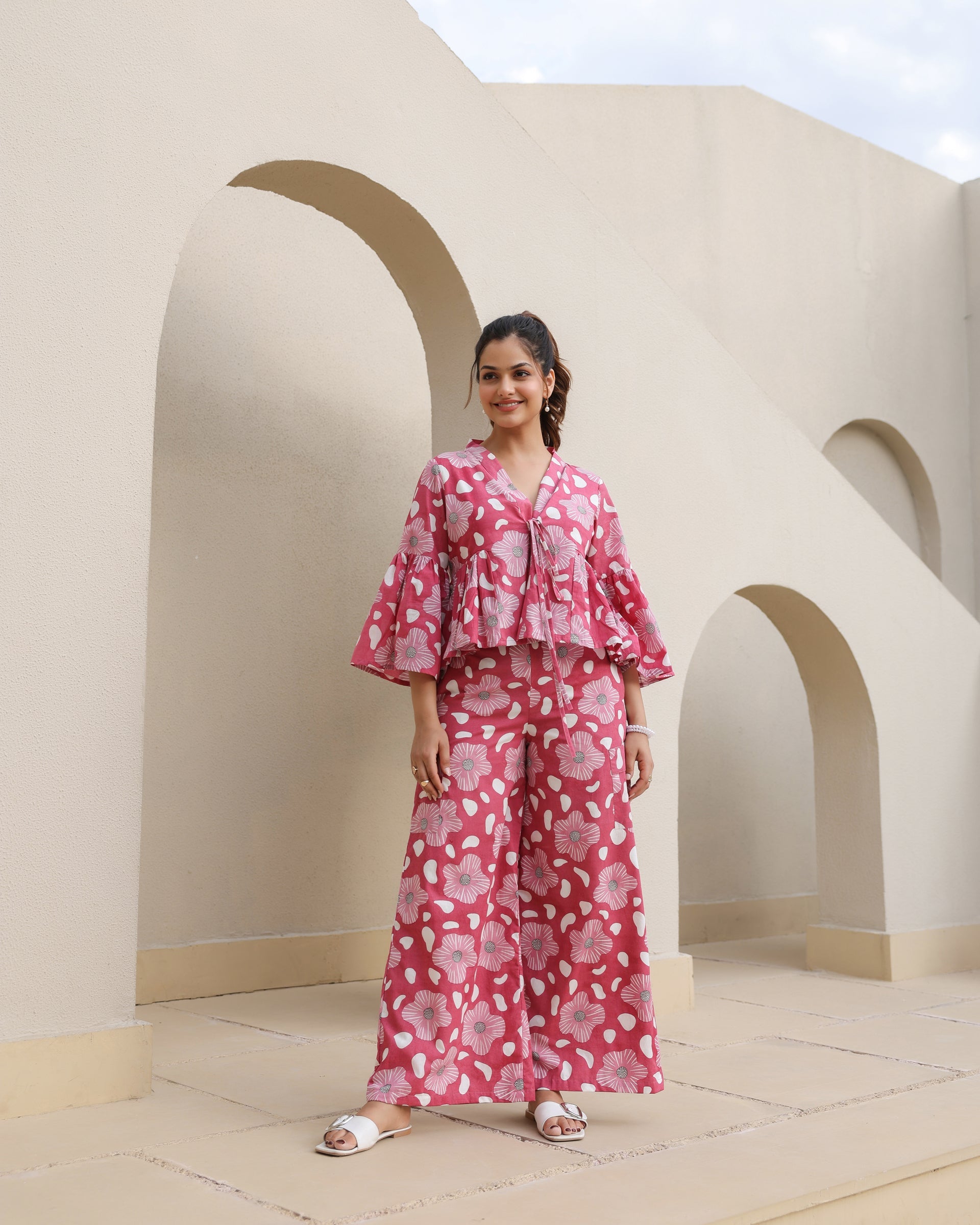 Women's Blush Blossom Bell Sleeve Co-Ord Set