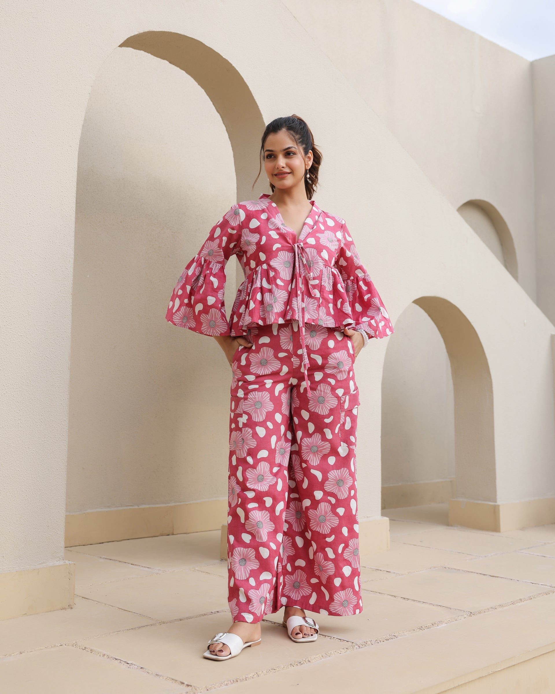 Women's Blush Blossom Bell Sleeve Co-Ord Set