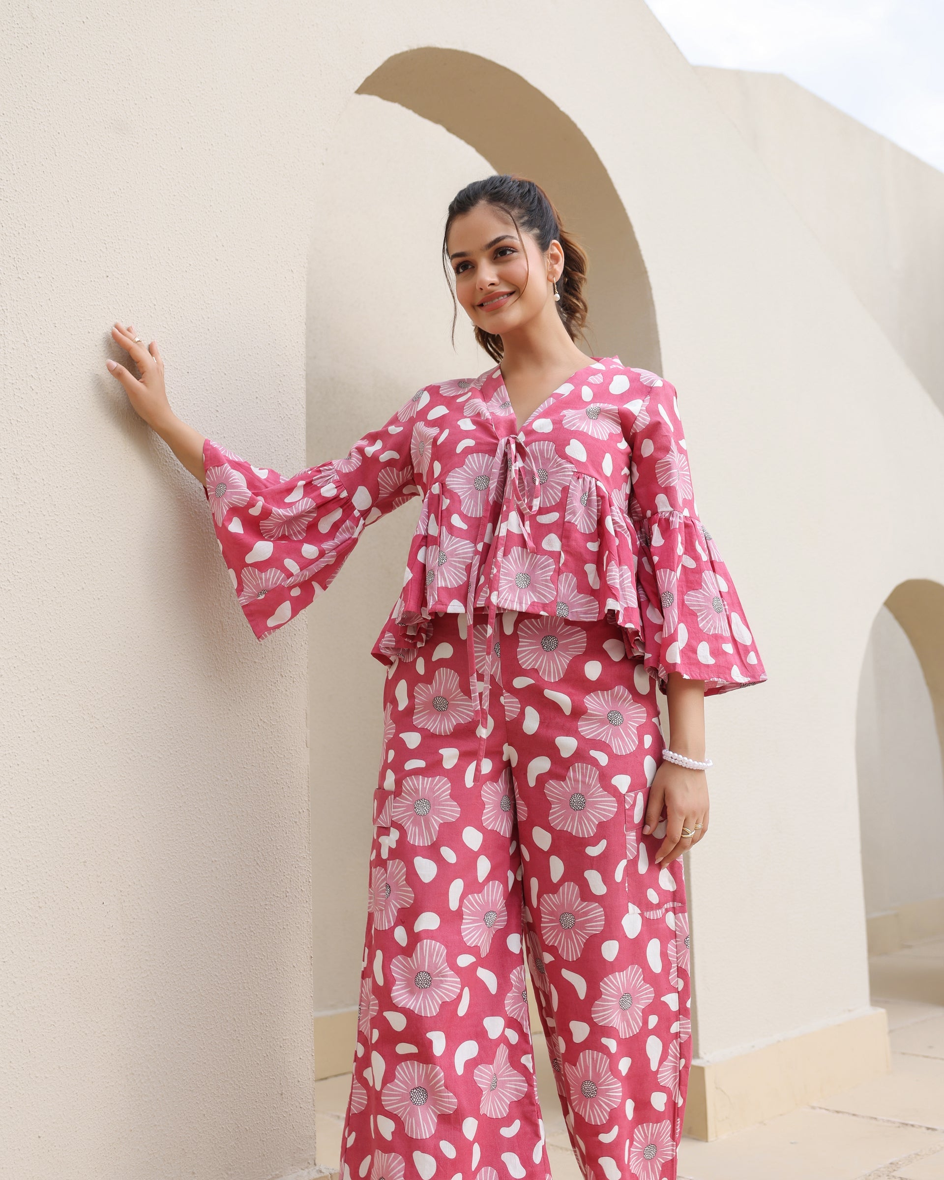 Women's Blush Blossom Bell Sleeve Co-Ord Set