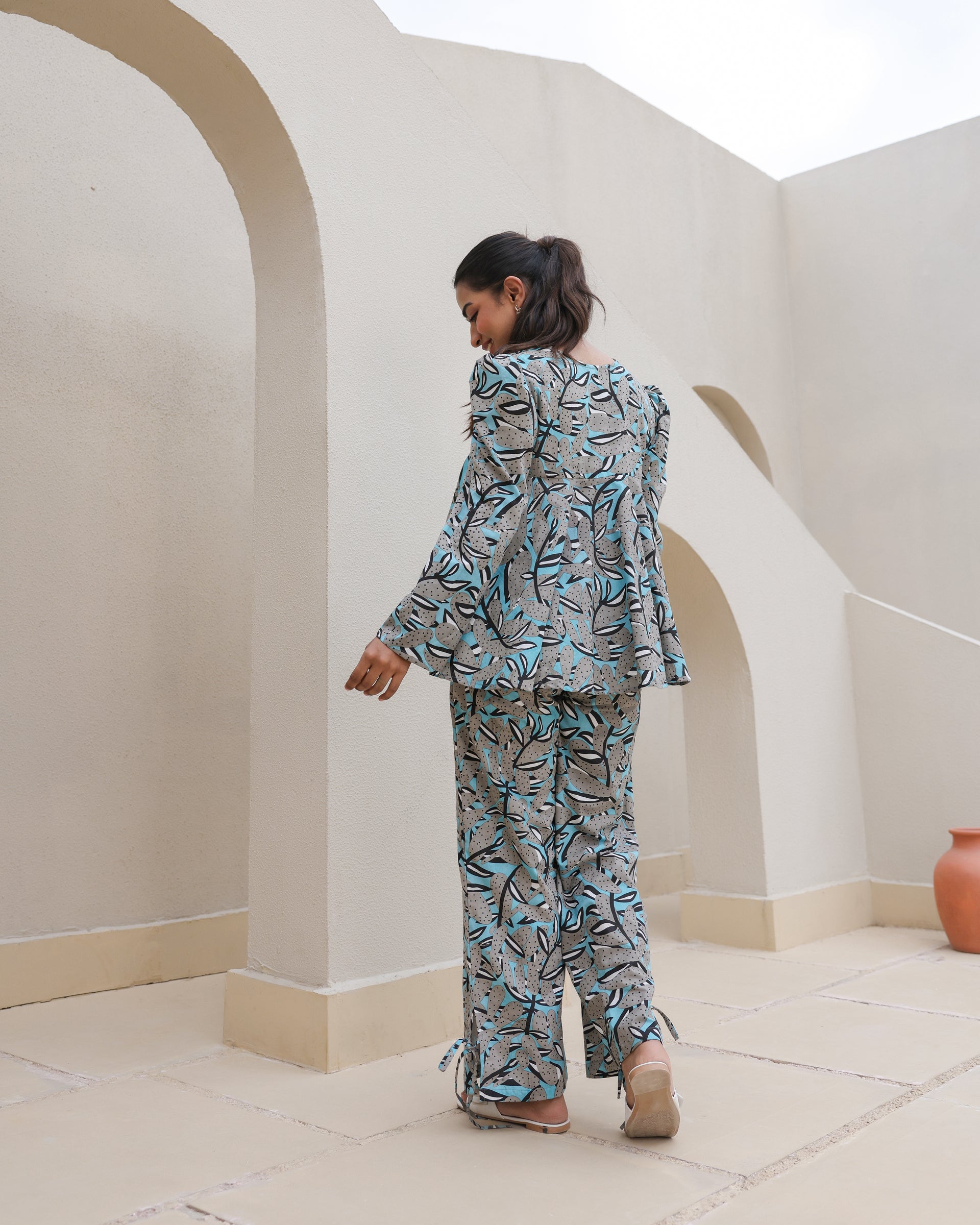 Women's Midnight Tropic Abstract Leaf Flared Co-Ord Set