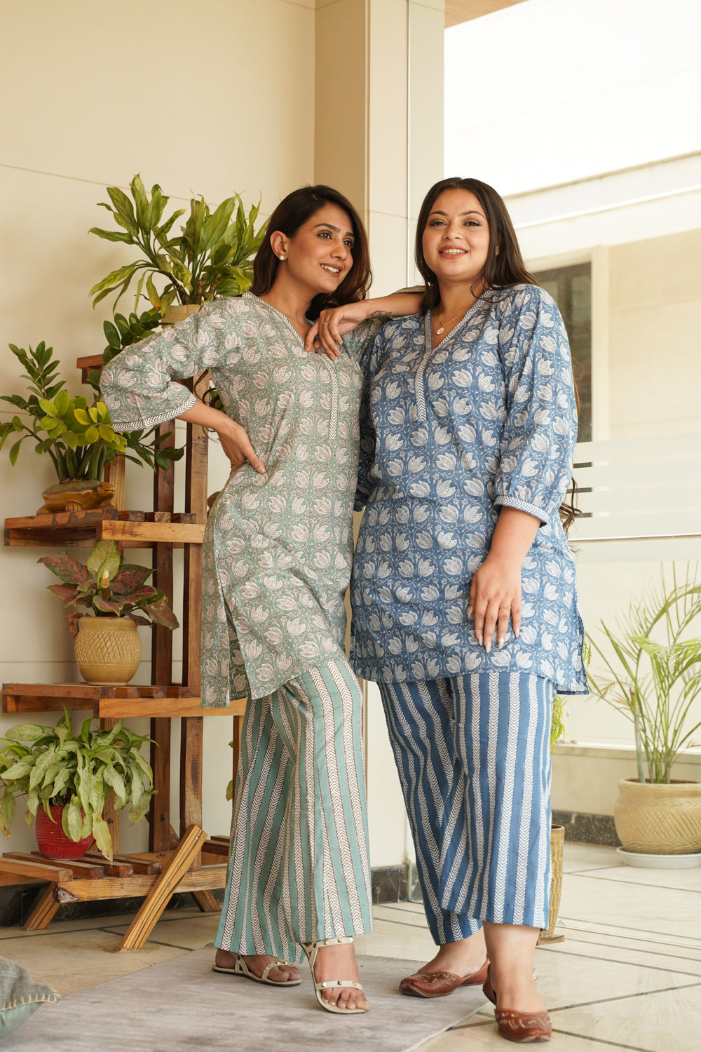 Women's Mint Floral Short V-Neck Kurta & Striped Palazzo Set - (Set Of 2) - Nangalia Ruchira